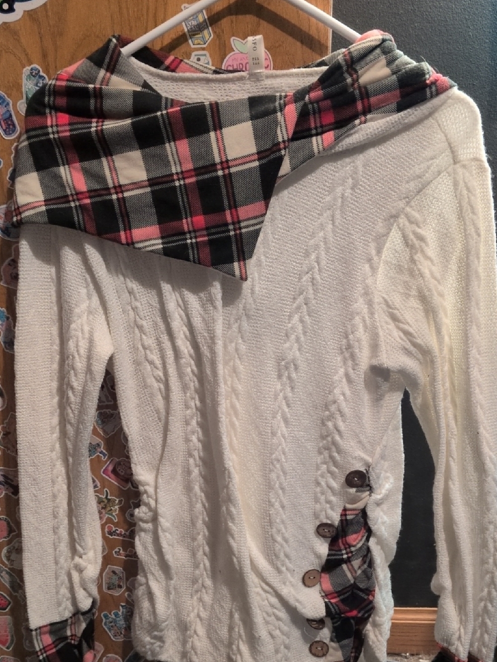 Women's Cream Cable Knit Sweater with Red Plaid Trim